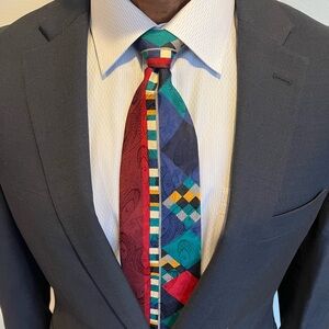 Bugatti Luxury Silk Tie Maroon Multicolor Paisley Geometric Vintage Menswear